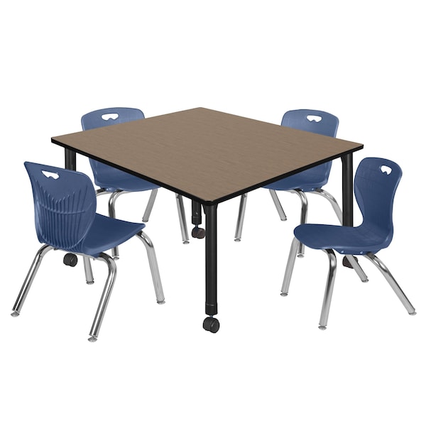 Regency Square Kee Mobile Adjustable Classroom Table W/ 4 Andy Chairs, 48 in W, 48 in L, Noble Oak - TB4848NOAPCBK45NV