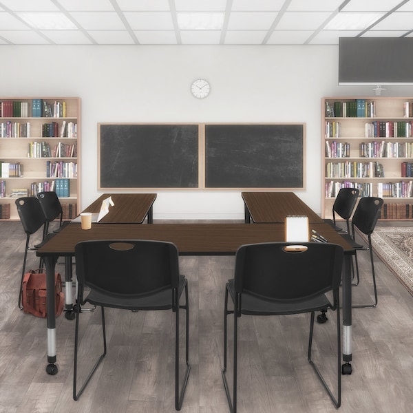 Regency Kee Mobile Adjustable Classroom Table W/ 2 Zeng Stack Chairs, 72 in W, 24 in L, Neo Walnut - MT7224NWAPCBK44BK