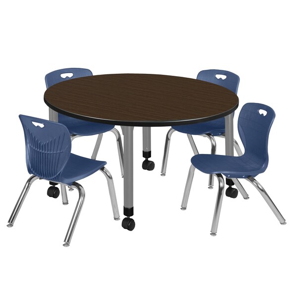 Regency Round Kee Mobile Adjustable Classroom Table W/ 4 Andy Chairs, 48 in W, 48 in L, Neo Walnut - TB48RNDNWAPCGY45NV