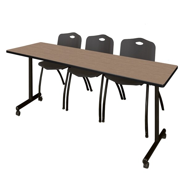 Regency Kobe Mobile T-Base Training Table W/ 2 M Stack Chairs, 84 in W, 24 in L, Noble Oak - MKTRCC8424NO47BK