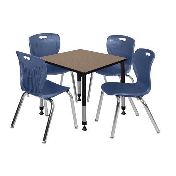 Regency Square Kee Adjustable Classroom Table W/ 4 Andy Stack Chairs, 30 in W, 30 in L, Noble Oak - TB3030NOAPBK40NV