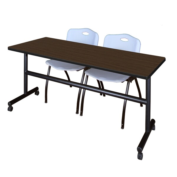 Regency Kobe Flip-Top Training Nesting Table W/ 2 M Stack Chairs, 72 in W, 30 in L, Neo Walnut - MKFT7230NW47GY