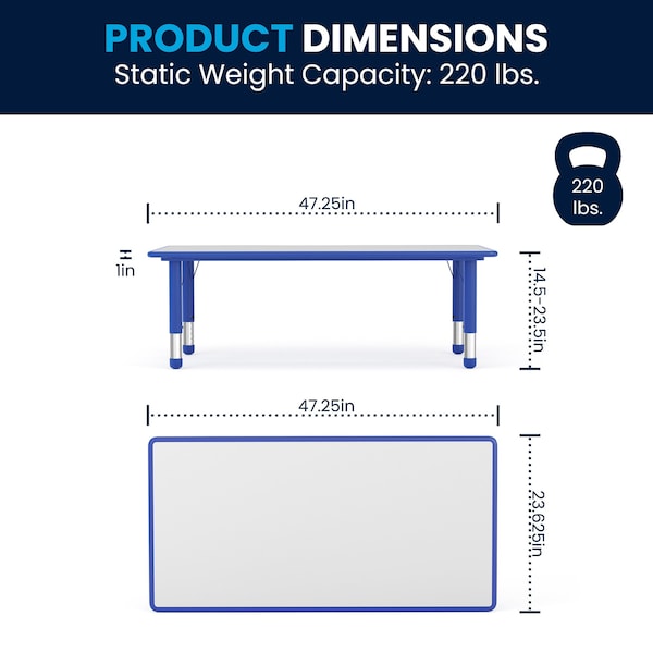 Flash Furniture Rectangle Preschool Table, Bl, 23.625" W x 47.25" L, 23.625 W, 47.25 L, 23.5 H, Plastic, Steel, Blue - YU-YCY-060-RECT-TBL-BLUE-GG