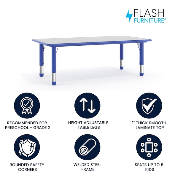 Flash Furniture Rectangle Preschool Table, Bl, 23.625" W x 47.25" L, 23.625 W, 47.25 L, 23.5 H, Plastic, Steel, Blue - YU-YCY-060-RECT-TBL-BLUE-GG