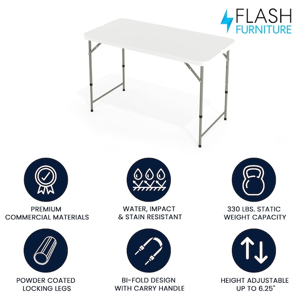 Flash Furniture Rectangle Wh 24X48 Plastic Fold Table, 23.75" W, 47.75" L, 29.25" H, Plastic Top, White - DAD-YCZ-122Z-2-GG