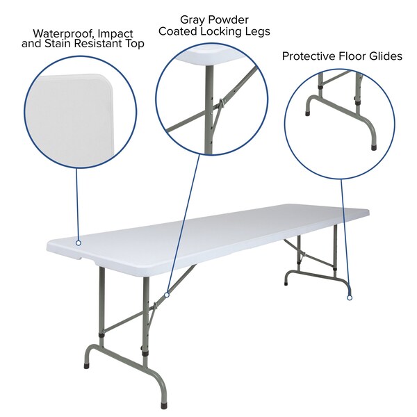 Flash Furniture Rectangle Folding Table, 29" W, 96" L, 34" H, Plastic Top, White - RB-3096ADJ-GG