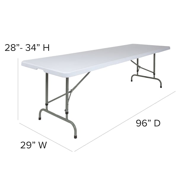 Flash Furniture Rectangle Folding Table, 29" W, 96" L, 34" H, Plastic Top, White - RB-3096ADJ-GG