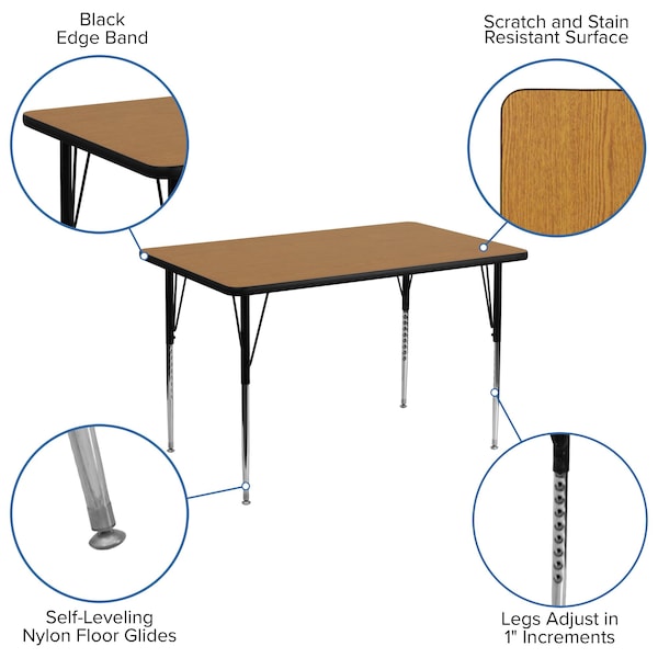 Flash Furniture Rectangle Activity Table, 30 W, 48 L, 30.125 H, Chrome, Laminate, Particleboard, Steel, Wood Grain - XU-A3048-REC-OAK-T-A-GG
