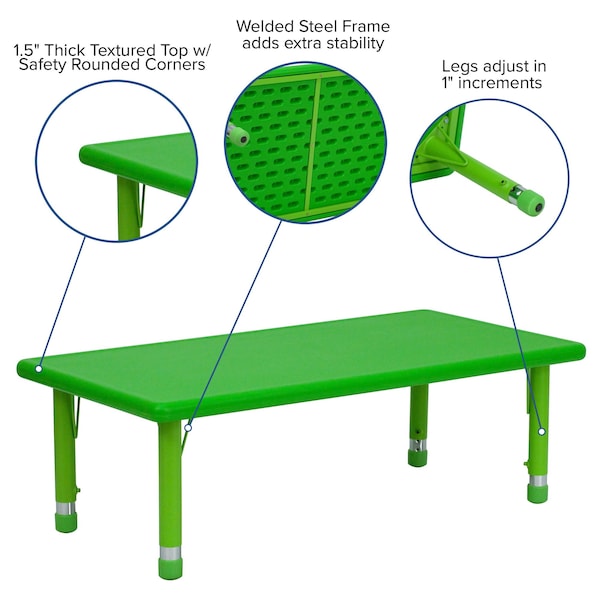 Flash Furniture Rectangle Activity Table, 24 W, 48 L, 23.75 H, Plastic, Steel, Green - YU-YCX-001-2-RECT-TBL-GREEN-GG