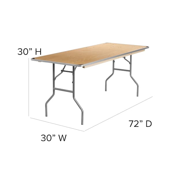 Flash Furniture Rectangle Folding Table, 30" W, 72" L, 30" H, Wood Top, Wood Grain - XA-3072-BIRCH-M-GG
