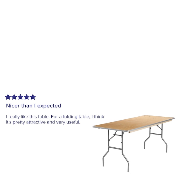 Flash Furniture Rectangle Folding Table, 30" W, 72" L, 30" H, Wood Top, Wood Grain - XA-3072-BIRCH-M-GG