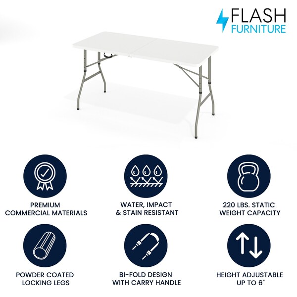 Flash Furniture Rectangle Bi-Fold Table, Plstc, White, Adj., 30" x 60", 27.25" W, 60" L, 34" H, Plastic Top, White - RB-3050FH-ADJ-GG