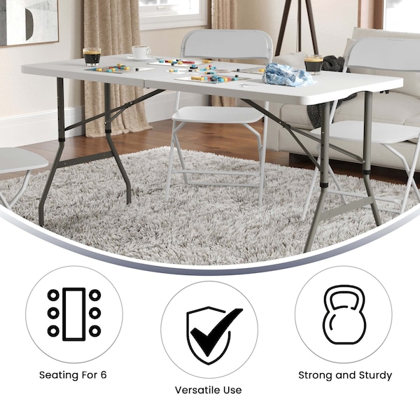 Flash Furniture Rectangle Bi-Fold Table, Plstc, White, Adj., 30" x 60", 27.25" W, 60" L, 34" H, Plastic Top, White - RB-3050FH-ADJ-GG