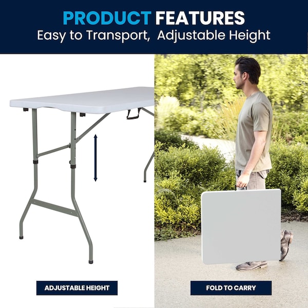 Flash Furniture Rectangle Bi-Fold Table, Plstc, White, Adj., 30" x 60", 27.25" W, 60" L, 34" H, Plastic Top, White - RB-3050FH-ADJ-GG