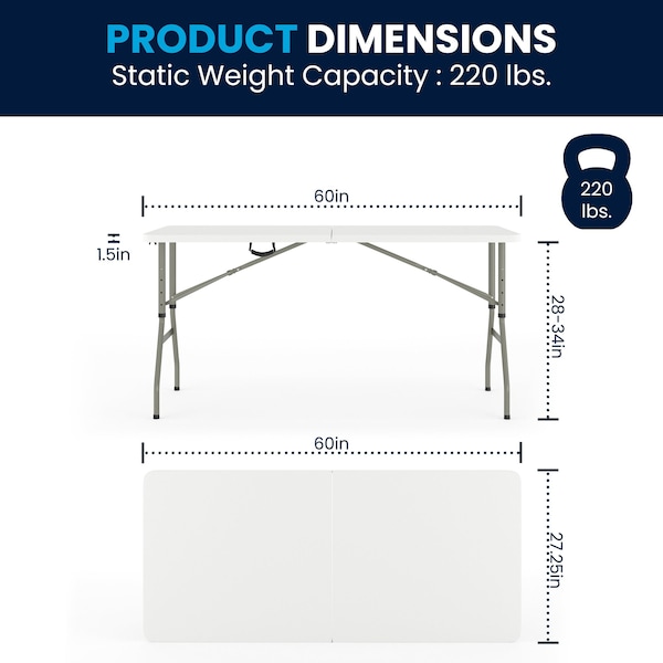 Flash Furniture Rectangle Bi-Fold Table, Plstc, White, Adj., 30" x 60", 27.25" W, 60" L, 34" H, Plastic Top, White - RB-3050FH-ADJ-GG