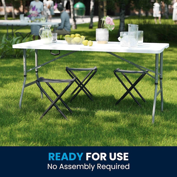 Flash Furniture Rectangle Bi-Fold Table, Plstc, White, Adj., 30" x 60", 27.25" W, 60" L, 34" H, Plastic Top, White - RB-3050FH-ADJ-GG