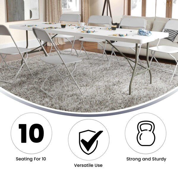 Flash Furniture Rectangle Folding Table, 30" W, 96" L, 29" H, Plastic Top, White - RB-3096FH-GG