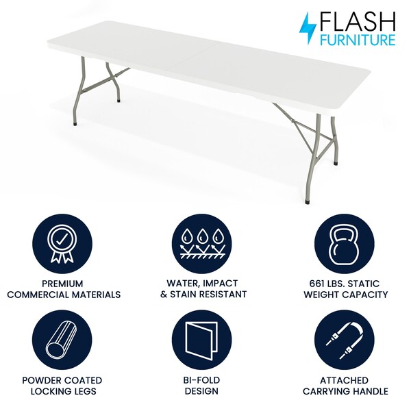 Flash Furniture Rectangle Folding Table, 30" W, 96" L, 29" H, Plastic Top, White - RB-3096FH-GG
