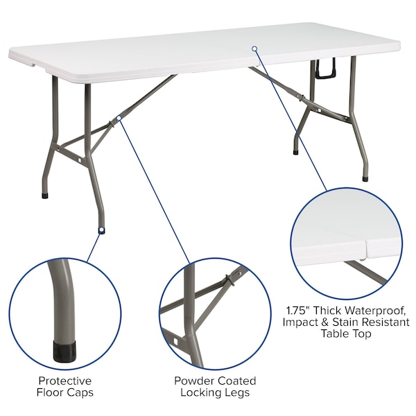 Flash Furniture Rectangle Wh 30X72 Plastic Bi-Fold Table, 30" W, 72" L, 29" H, Plastic Top, White - DAD-YCZ-183Z-GG