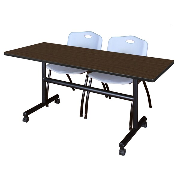 Regency Kobe Flip-Top Training Nesting Table W/ 2 M Stack Chairs, 60 in W, 30 in L, Neo Walnut - MKFT6030NW47GY