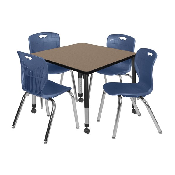 Regency Square Kee Mobile Adjustable Classroom Table W/ 4 Andy Chairs, 42 in W, 42 in L, Noble Oak - TB4242NOAPCBK40NV