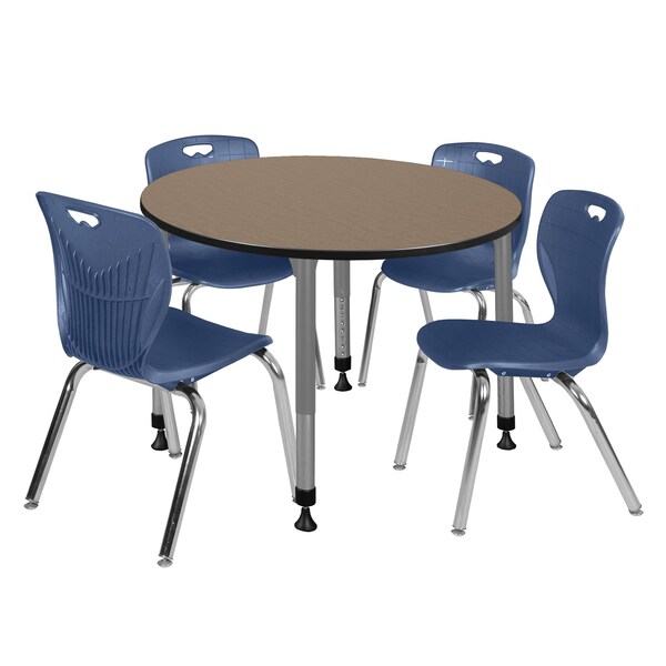 Regency Round Kee Adjustable Classroom Table W/ 4 Andy Stack Chairs, 48 in W, 48 in L, Noble Oak - TB48RNDNOAPGY40NV