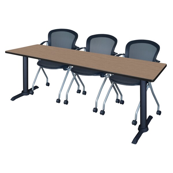 Regency Cain T-Base Training Seminar Table W/ 3 Cadence Stack Chairs, 84 in W, 24 in L, Noble Oak - MTRCT8424NO23BK