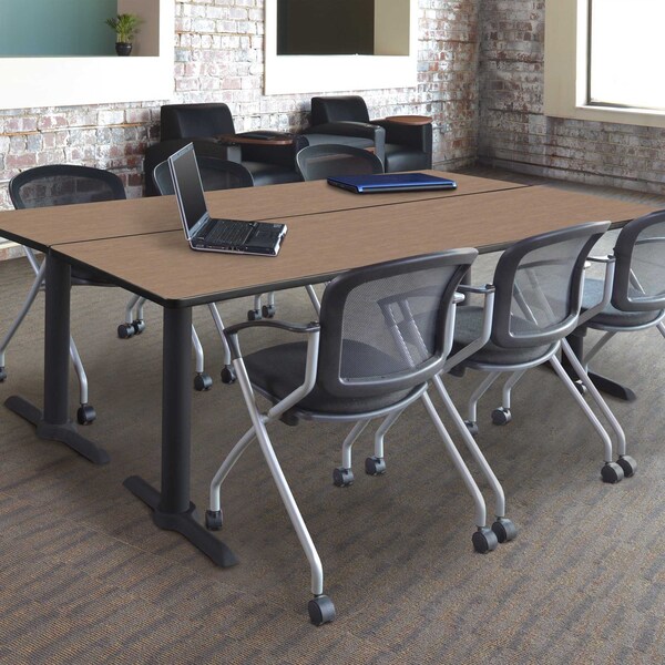 Regency Cain T-Base Training Seminar Table W/ 3 Cadence Stack Chairs, 84 in W, 24 in L, Noble Oak - MTRCT8424NO23BK