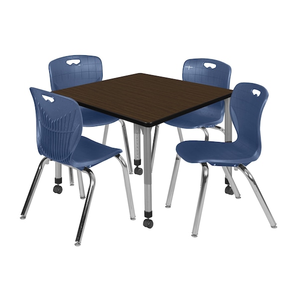 Regency Square Kee Mobile Adjustable Classroom Table W/ 4 Andy Chairs, 36 in W, 36 in L, Neo Walnut - TB3636NWAPCGY40NV