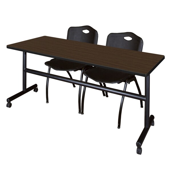 Regency Kobe Flip-Top Training Nesting Table W/ 2 M Stack Chairs, 72 in W, 30 in L, Neo Walnut - MKFT7230NW47BK