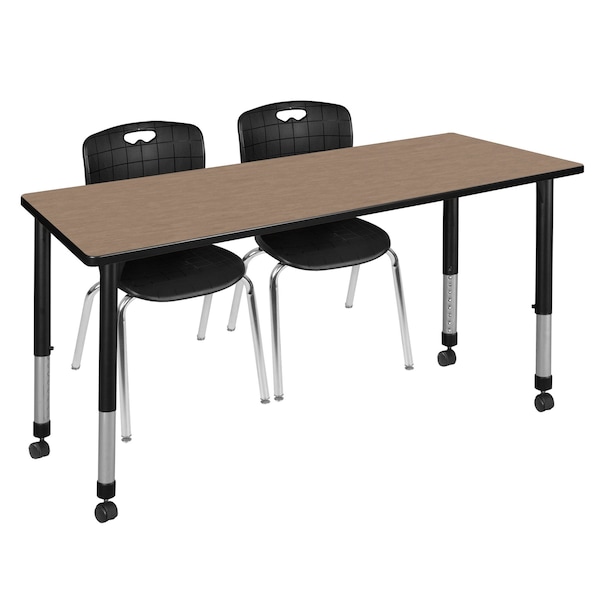 Regency Kee Mobile Adjustable Classroom Table W/ 2 Andy Stack Chairs, 66 in W, 24 in L, Noble Oak - MT6624NOAPCBK40BK
