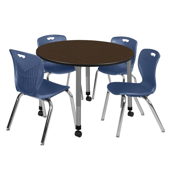 Regency Round Kee Mobile Adjustable Classroom Table W/ 4 Andy Chairs, 48 in W, 48 in L, Neo Walnut - TB48RNDNWAPCGY40NV