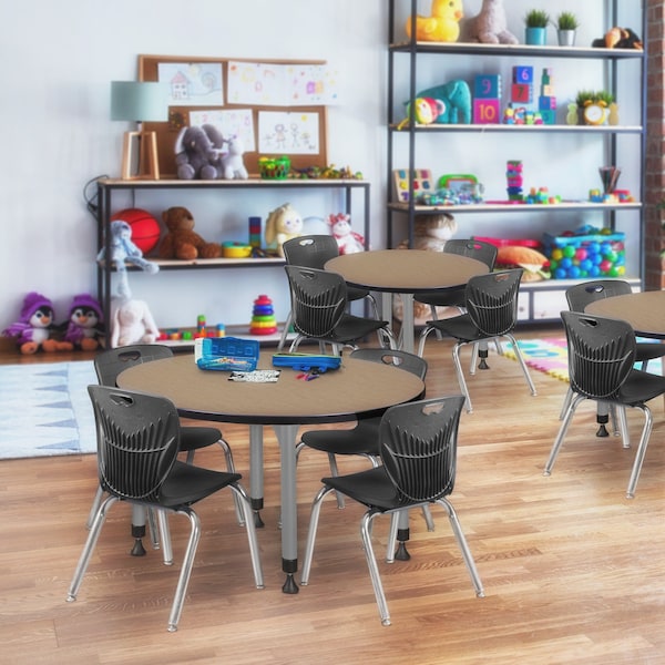 Regency Round Kee Adjustable Classroom Table W/ 4 Andy Stack Chairs, 36 in W, 36 in L, Noble Oak - TB36RNDNOAPGY45BK