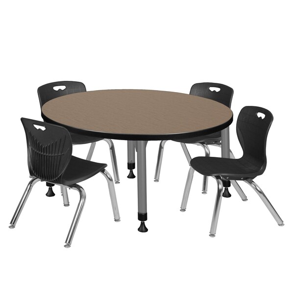 Regency Round Kee Adjustable Classroom Table W/ 4 Andy Stack Chairs, 36 in W, 36 in L, Noble Oak - TB36RNDNOAPGY45BK
