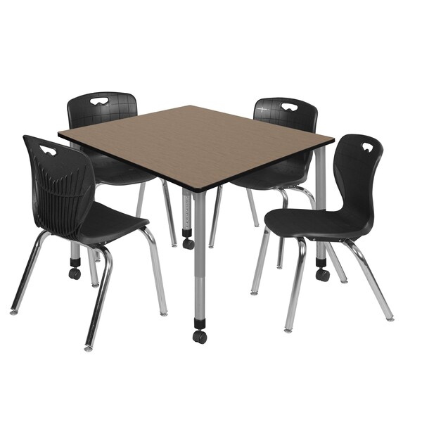 Regency Square Kee Mobile Adjustable Classroom Table W/ 4 Andy Chairs, 48 in W, 48 in L, Noble Oak - TB4848NOAPCGY40BK