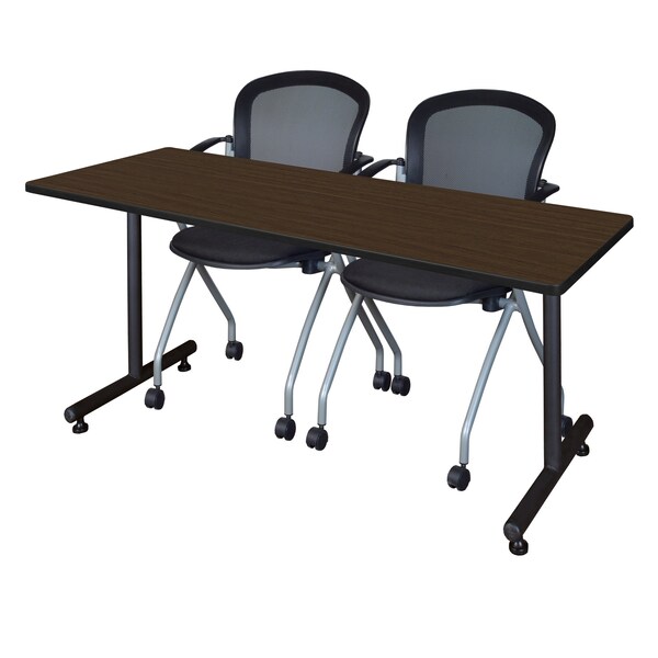 Regency Kobe T-Base Training Seminar Table W/ 2 Cadence Stack Chairs, 72 in W, 24 in L, Neo Walnut - MKTRCT7224NW23BK