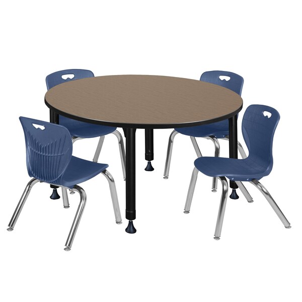 Regency Round Kee Adjustable Classroom Table W/ 4 Andy Stack Chairs, 48 in W, 48 in L, Noble Oak - TB48RNDNOAPBK45NV