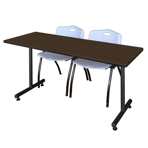 Regency Kobe T-Base Training Seminar Table W/ 2 M Stack Chairs, 60 in W, 30 in L, Neo Walnut - MKTRCT6030NW47GY