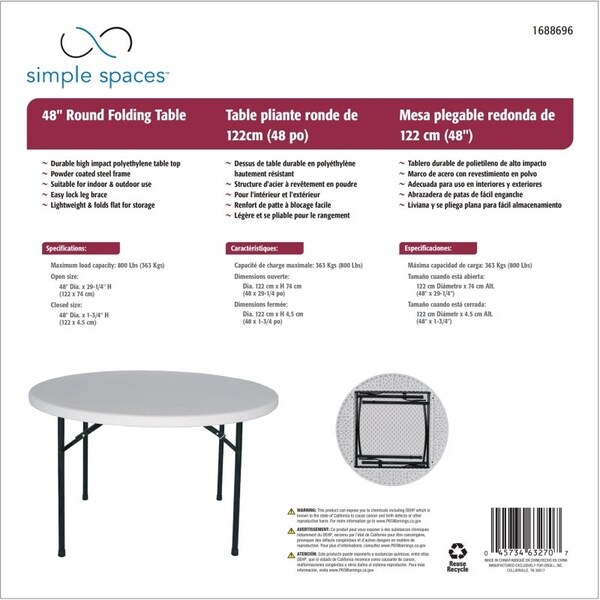Simple Spaces Folding Table, 48 in OAW, 48 in OAD, 2914 in OAH, Steel Frame, Polyethylene Tabletop - BT048X001A