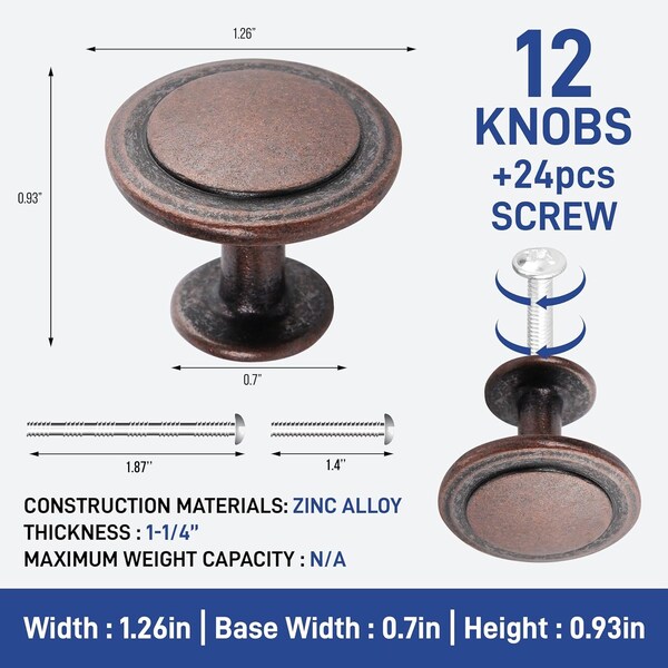 Lifemaster 1-1/4in Oil Rubbed Bronze Cabinet Knobs, Modern Design, Zinc Alloy, 24 Screws, 12PK - LMKNBGLD12