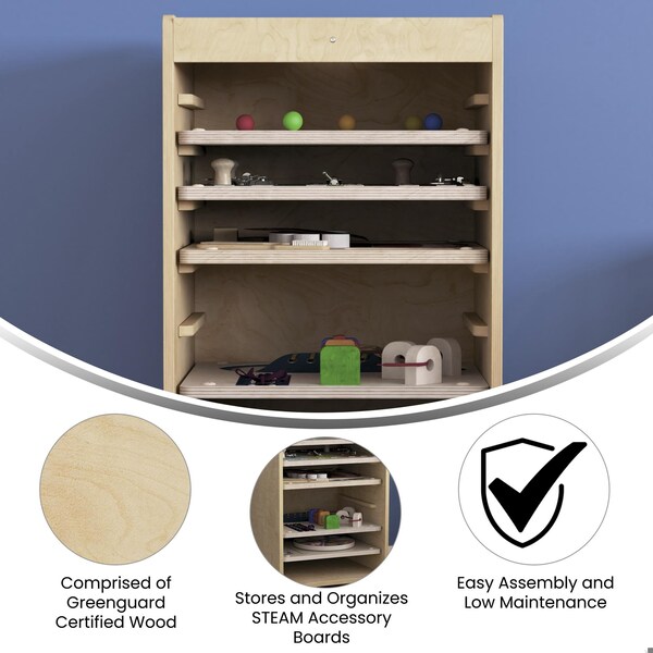 Flash Furniture Bright Beginnings Commercial Space Saving Wooden Mobile STEAM Wall Accessory Board Storage Cart, Locking Caster Wheels, Kid Friendly Design, Natural - MK-ME06639-GG