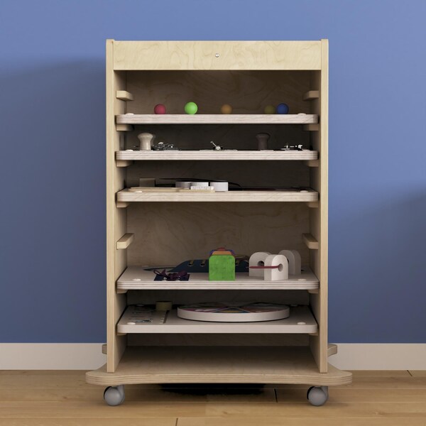 Flash Furniture Bright Beginnings Commercial Space Saving Wooden Mobile STEAM Wall Accessory Board Storage Cart, Locking Caster Wheels, Kid Friendly Design, Natural - MK-ME06639-GG