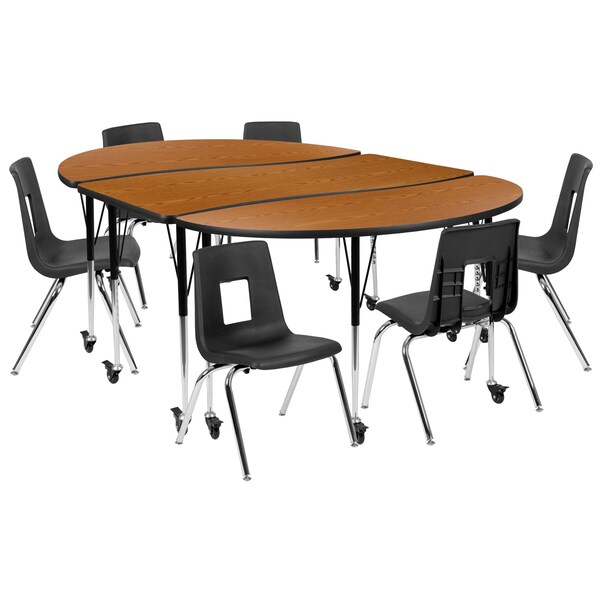 Flash Furniture Mobile 86" Oval Wave Oak Table Set-16" Chairs - XU-GRP-16CH-A3060CON-60-OAK-T-A-CAS-GG