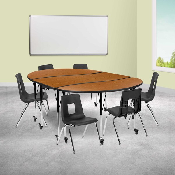 Flash Furniture Mobile 86" Oval Wave Oak Table Set-16" Chairs - XU-GRP-16CH-A3060CON-60-OAK-T-A-CAS-GG