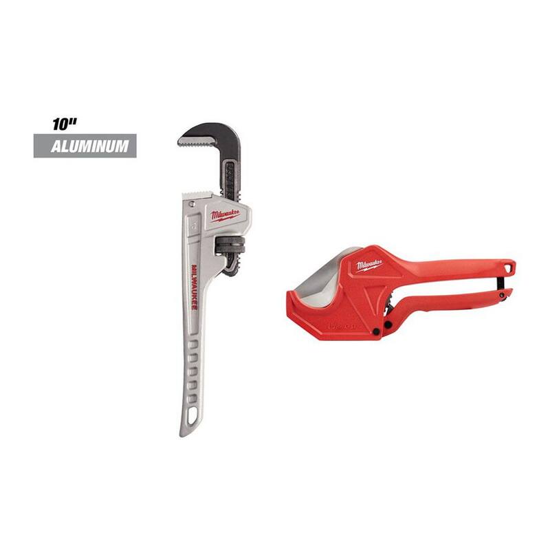 Llave ajustable de tubo de aluminio de 10 pulgadas con cortador de PVC y tubería con trinquete de 1-5/8 pulgadas (2 piezas) - 48-22-7210-48-22-4210