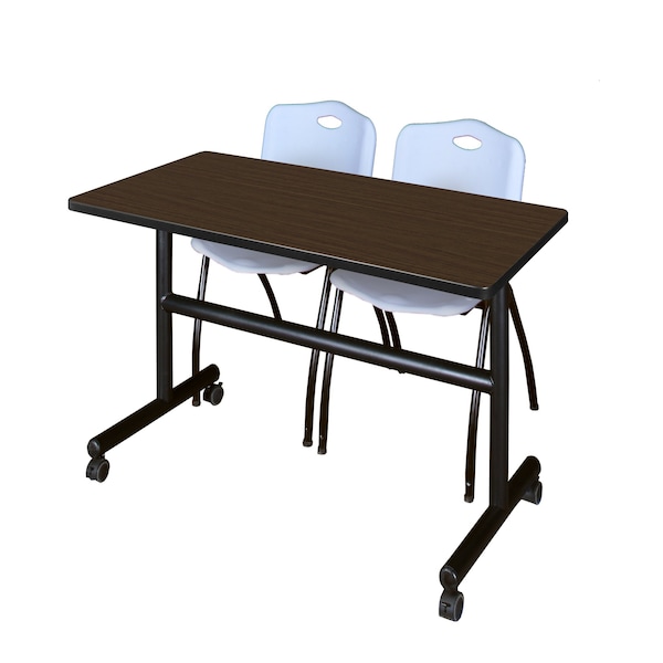 Regency Kobe Flip-Top Training Nesting Table W/ 2 M Stack Chairs, 48 in W, 24 in L, Neo Walnut - MKFT4824NW47GY