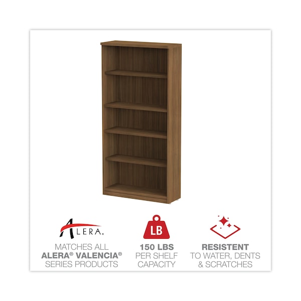 Alera Alera Valencia Bookcase, 5-Shelf, 31 3/4w x 14d x 65h, Modern Walnut - ALEVA636632WA