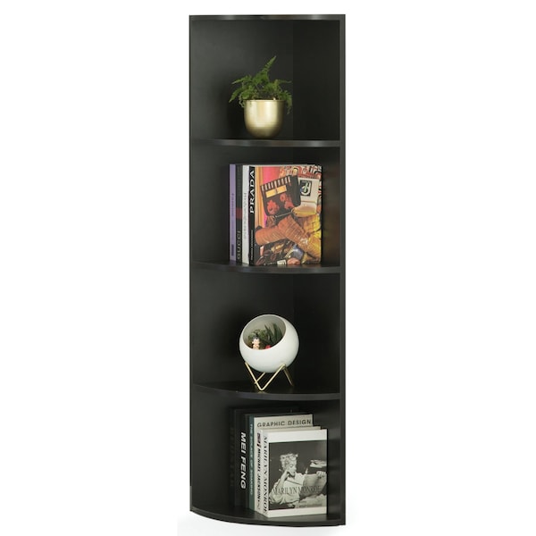 Basicwise Durable 4-Tier Wooden Corner Bookshelf, Perfect for Tiny Home, Shelves for Bedroom, Classroom, Black - QI003553.BK