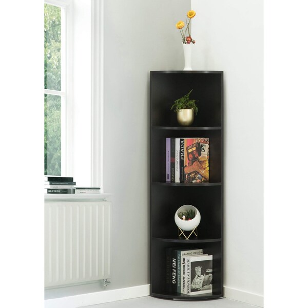 Basicwise Durable 4-Tier Wooden Corner Bookshelf, Perfect for Tiny Home, Shelves for Bedroom, Classroom, Black - QI003553.BK