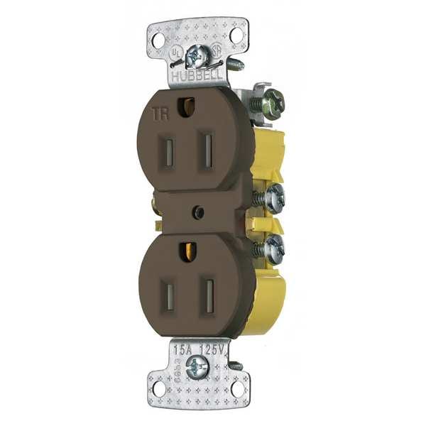 Receptáculo Hubbell, 15 amperios, 125V AC, montaje a ras, toma estándar doble, 5-15R, color café - RR15STR